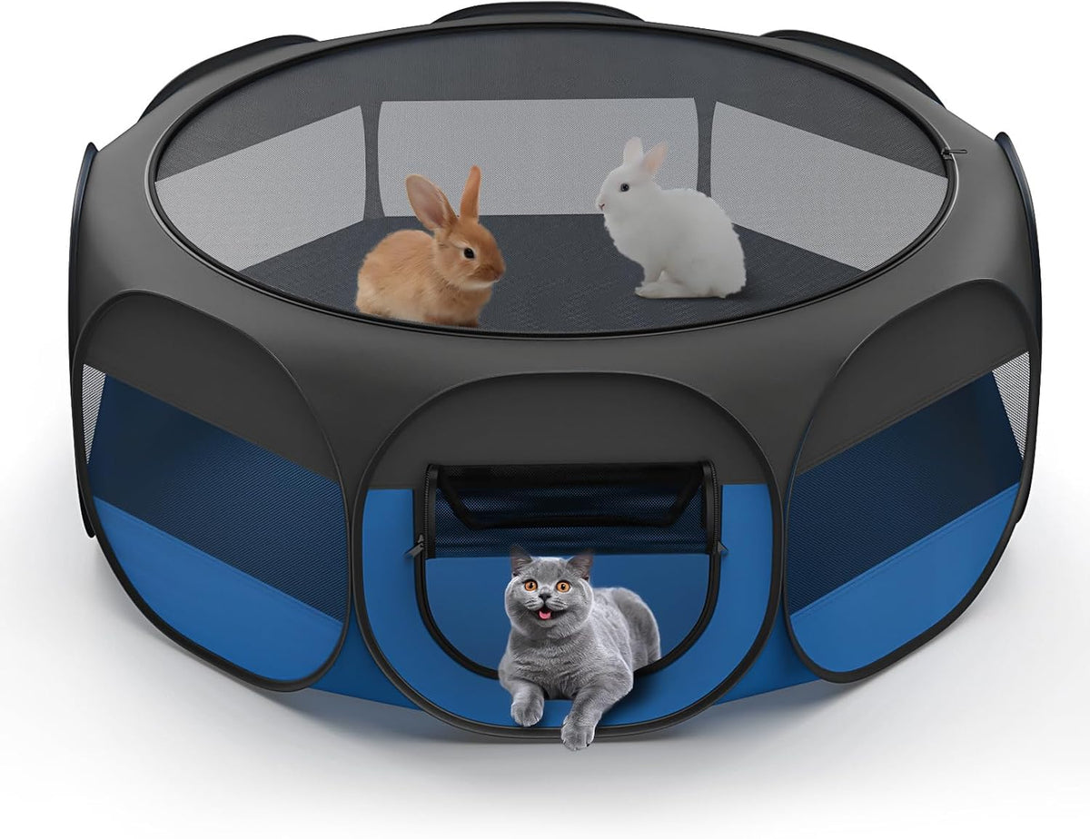 Small Animals Playpen, Waterproof Pet Tent with Zippered Top - Black + Blue