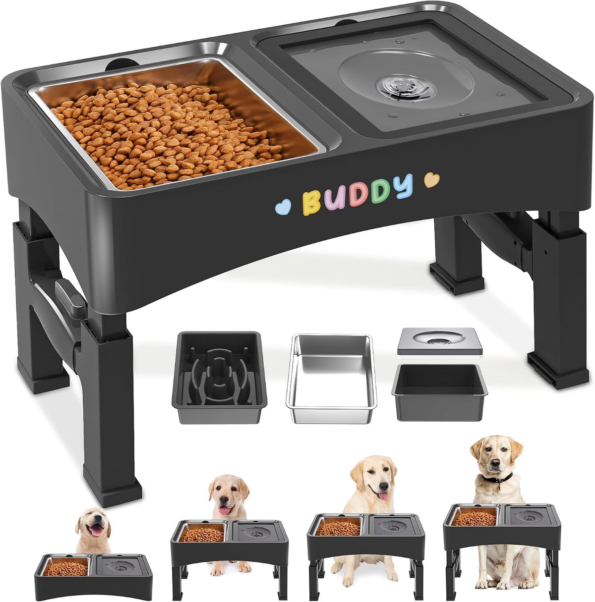 3-in-1 Elevated Dog Bowls with 4 Height Adjustable Raised Stand – Essentials for Dogs - Black / 3-in-1 Dog Bowls Set