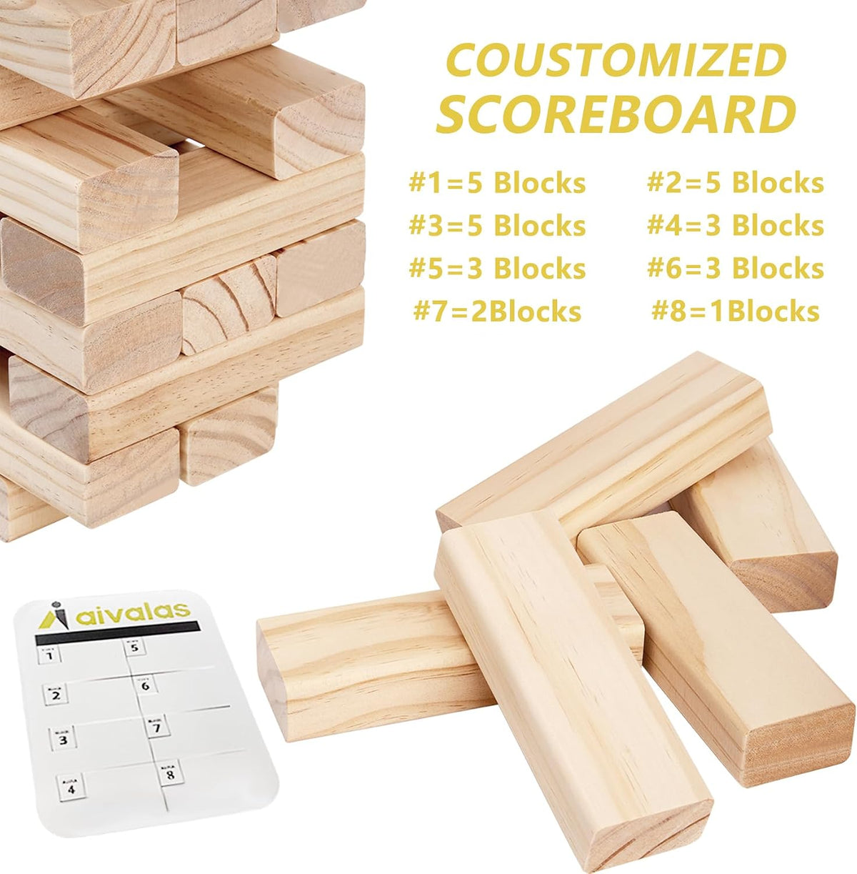 Aivalas Giant Tumble Tower 57 Blocks 4.2FT Indoor Outdoor Games - L-Up to 5 FT-60PCS - image 4