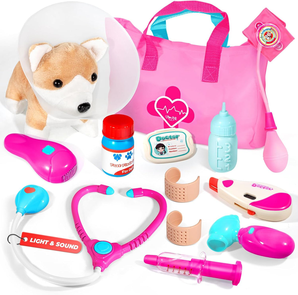 ULOVEME doctor kit for kids with light and sound tools and a fuchsia carry bag - view 3