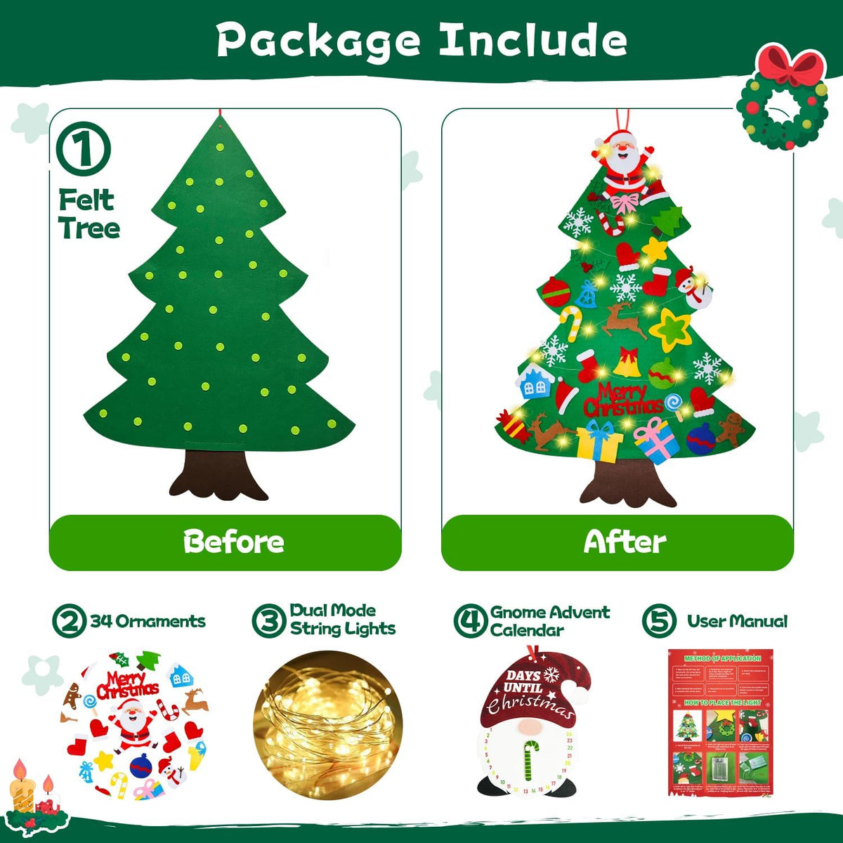 Felt Christmas Tree for Toddlers with Snowflake Light + 32 Ornament - C-gnome - image 2