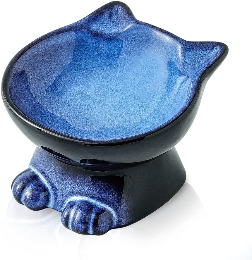 Nihow Ceramic Basic Cat Bowls: 5 Inch Cat Bowl for Food & Water – Essentials for Cats - 4.5 OZ / Blue & Black