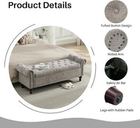 58.1'' Storage Bench Upholstered Chenille End of Bedroom Bed Bench Ottoman with Tufted Cushioned Rolled Arm Large Storage Space for Reading Living Room Entryway, Light Grey