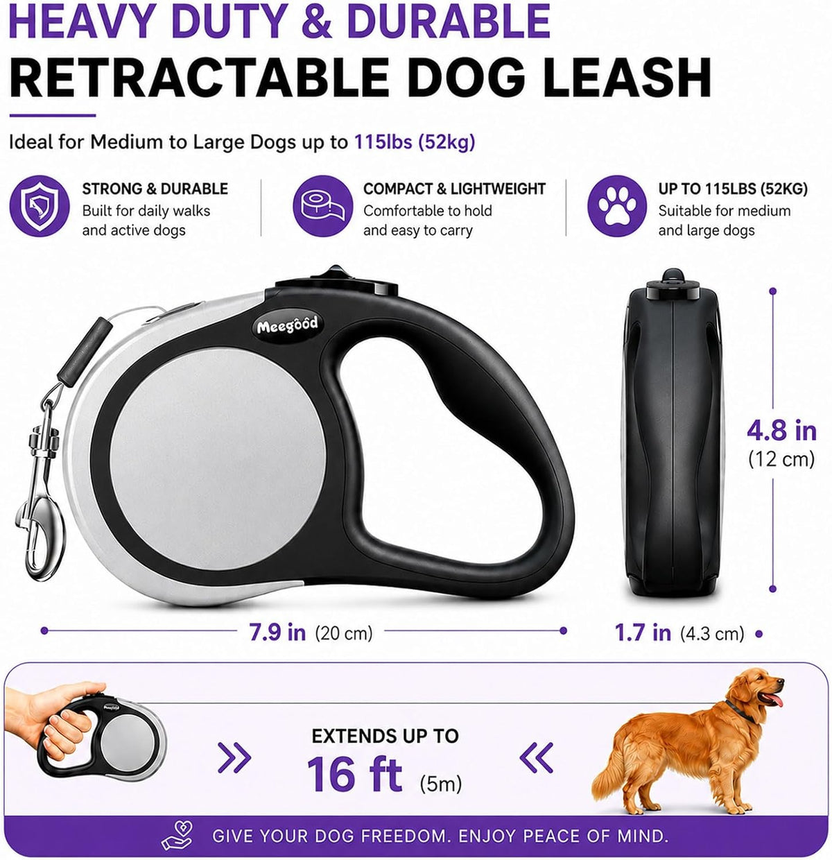 Heavy Duty Retractable Dog Leash-16ft Strong & Durable Walking Leash - Grey / Medium/Large - image 2
