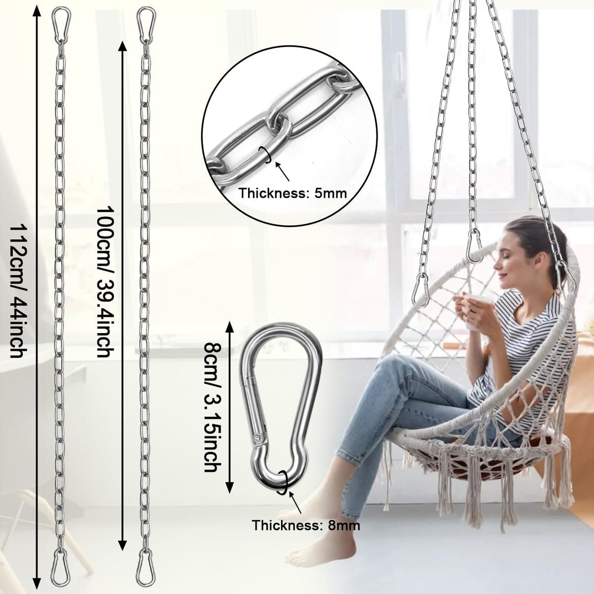 2 Pack Hanging Swing Chain with 4 Carabiners 25in, Swing Chairs - Silver / 44in×2pcs - image 2