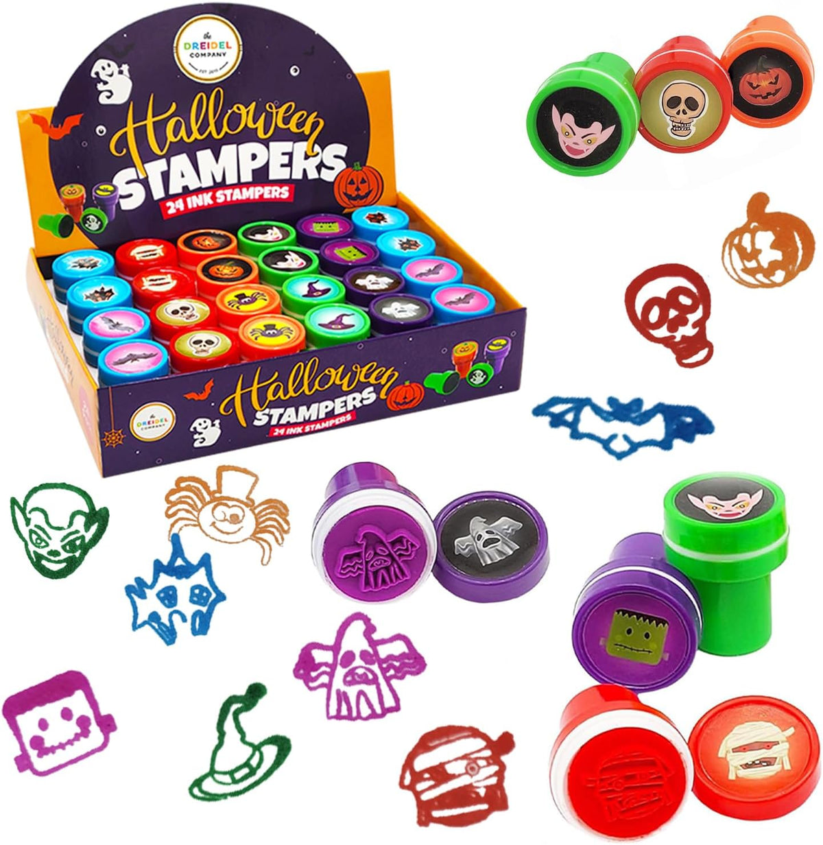 The Dreidel Company 24 self-inking Halloween stampers with pumpkin, bat, ghost and heart designs - view 2