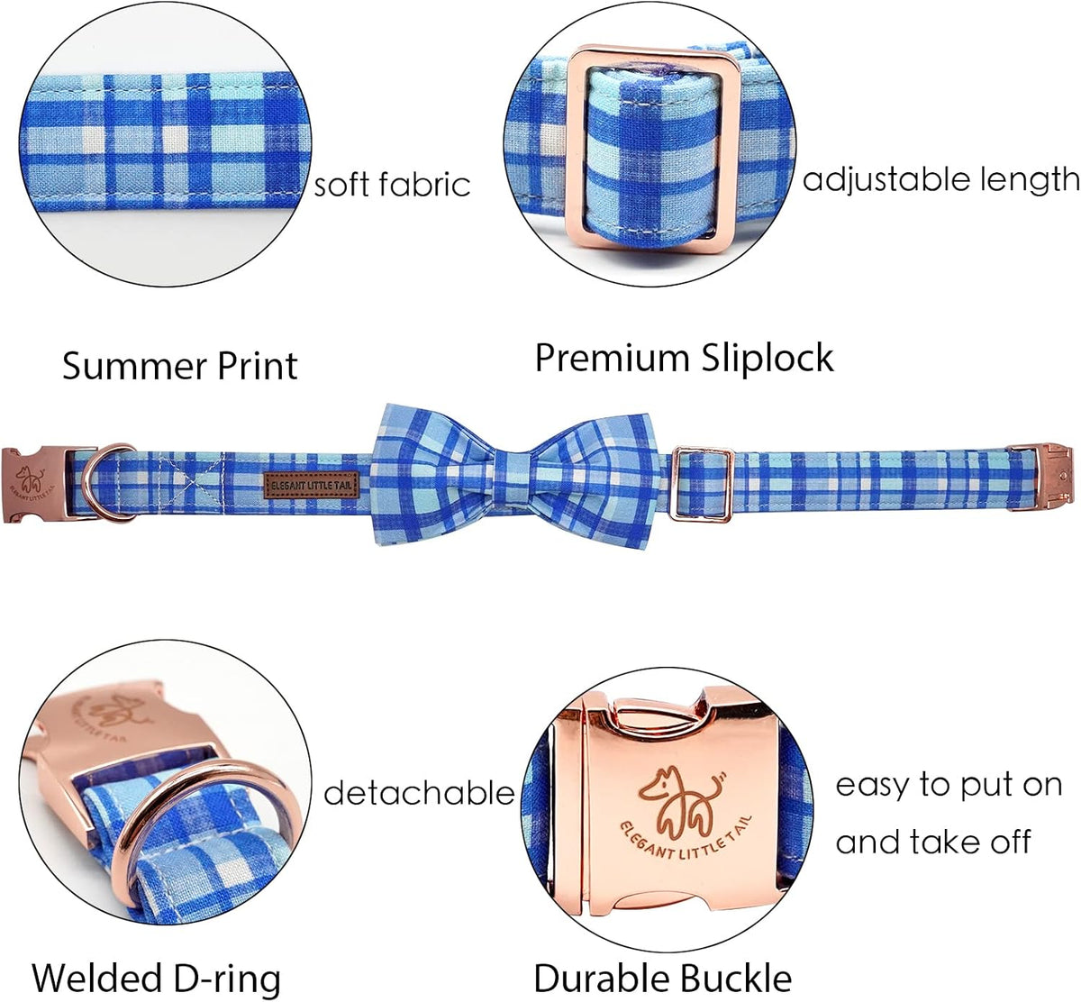 Dog Collar with Bow, Elegant Little Tail Blue Plaid Boy Dog Collar Cute Bow – Essentials for Dogs - Blue Plaid / Medium (Pack of 1) - image 2