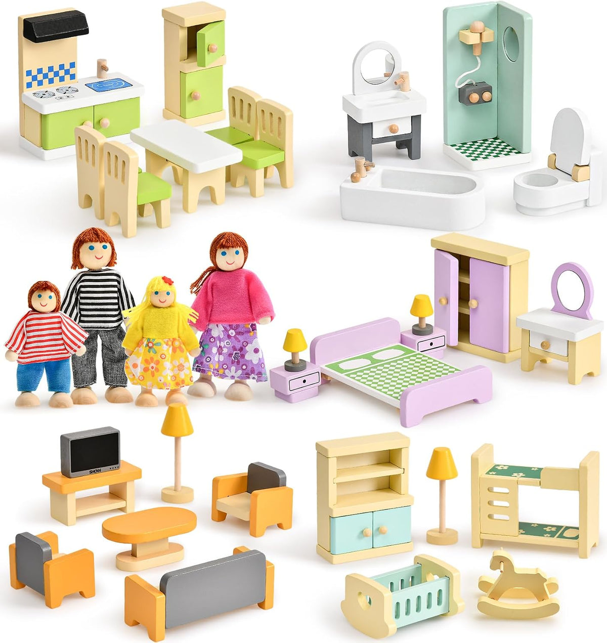 Toyssa 36-piece wooden dollhouse furniture set with kitchen, bedroom and 4 family dolls