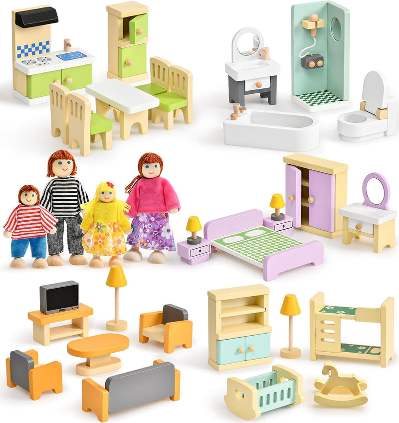 Toyssa 36-piece wooden dollhouse furniture set with kitchen, bedroom and 4 family dolls