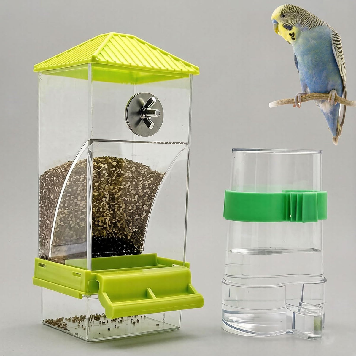 Automatic No Mess Bird Feeder Water Dispenser Set – Essentials for Birds - Green + Green