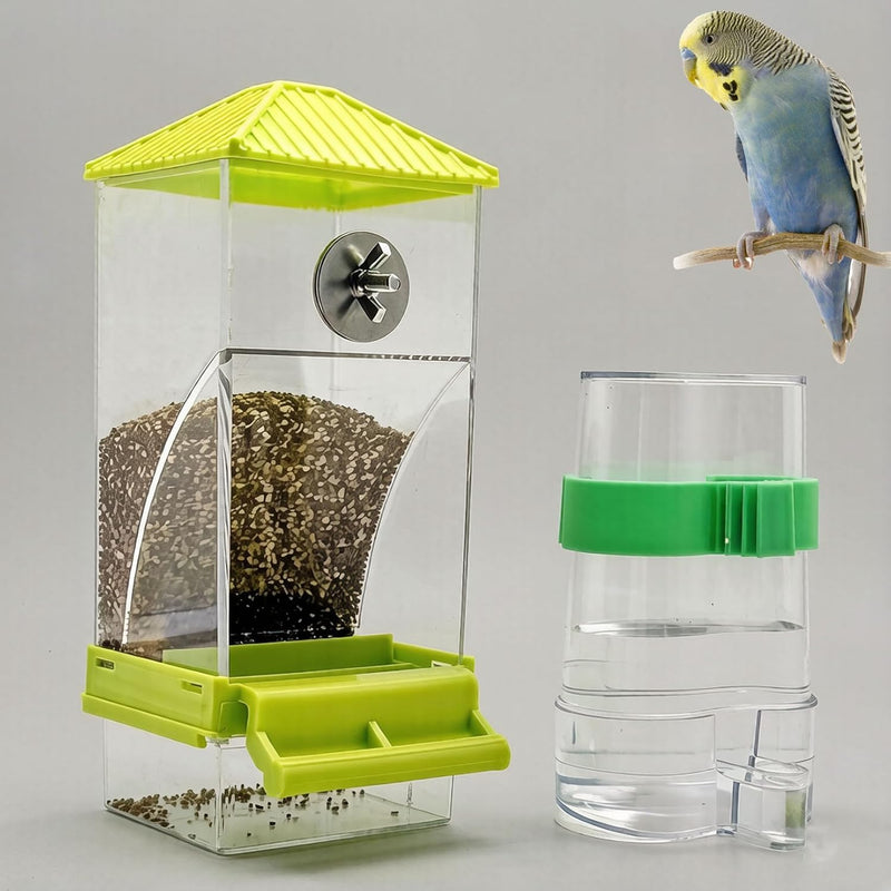 Automatic No Mess Bird Feeder Water Dispenser Set – Essentials for Birds - Green + Green