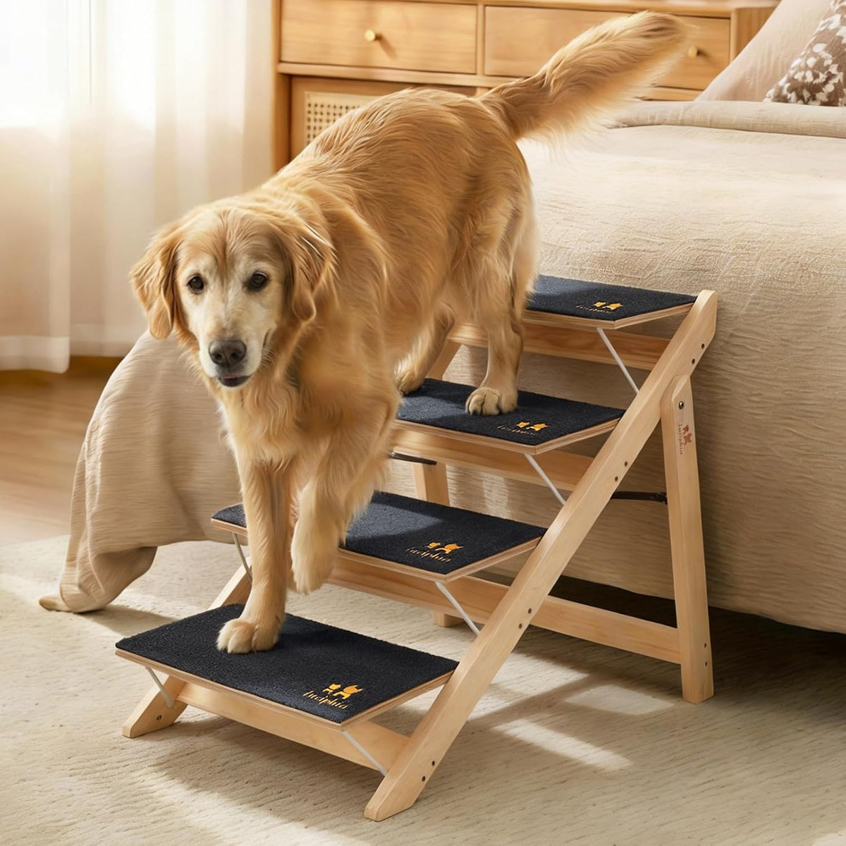 Luciphia Wooden 2-in-1 Dog Stairs - 25.6"H X 31.5"L X 17.3"W-4 steps for standard & high beds