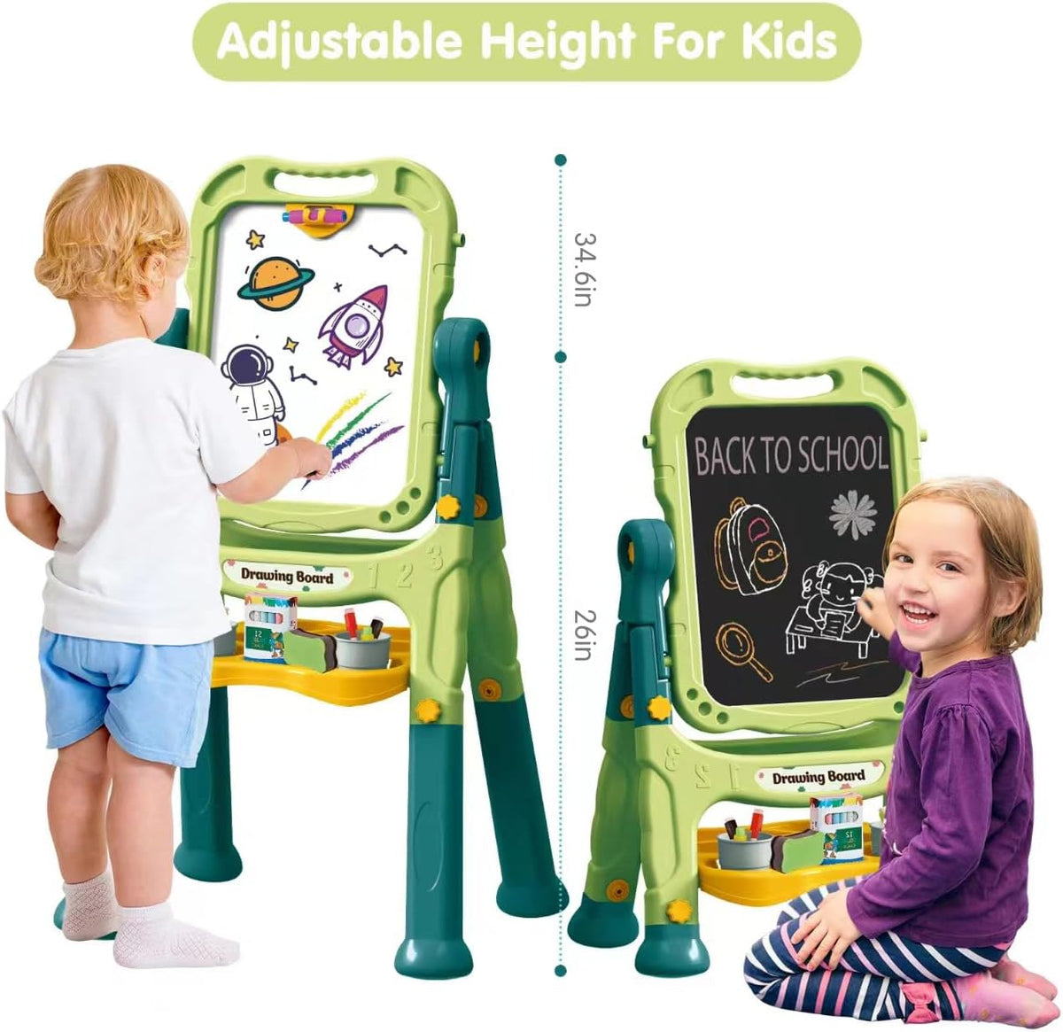 Amagoing Easel for Kids, Adjustable Standing Art Easel for Toddler, Double Side White Chalk Board - Grass Green - image 2