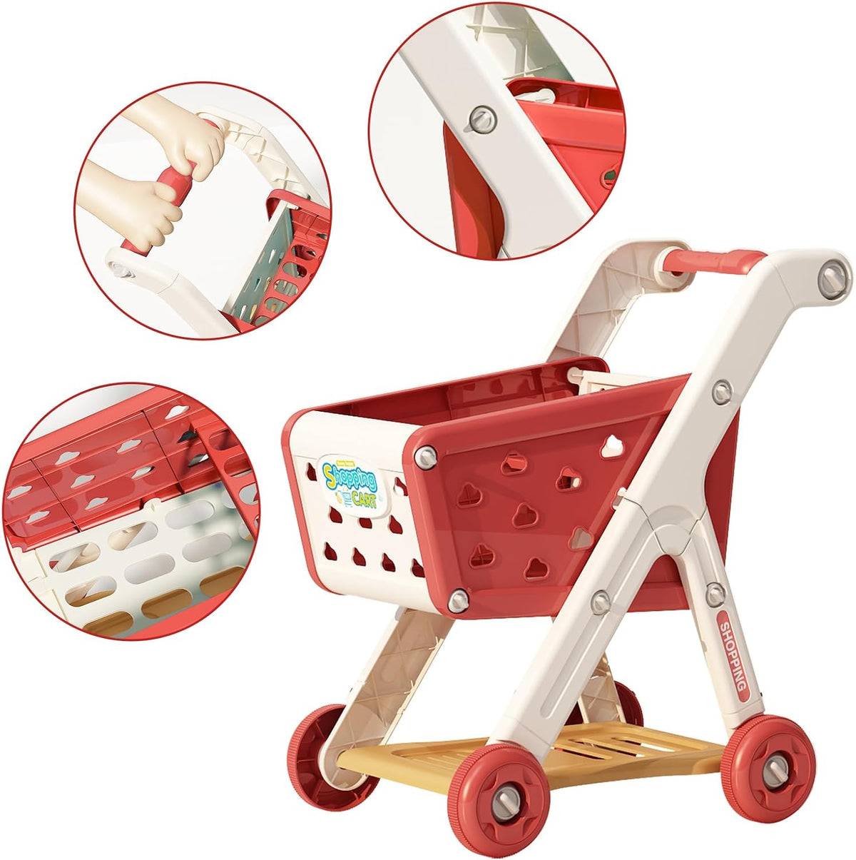 Jovow 102pcs Kids Shopping Cart Trolley Play Set with Pretend Food – Fun for Kids & Family - Red - image 2