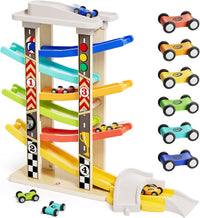 TOP BRIGHT wooden toddler car ramp race track with rooftop parking lot and 4 colorful cars - view 18