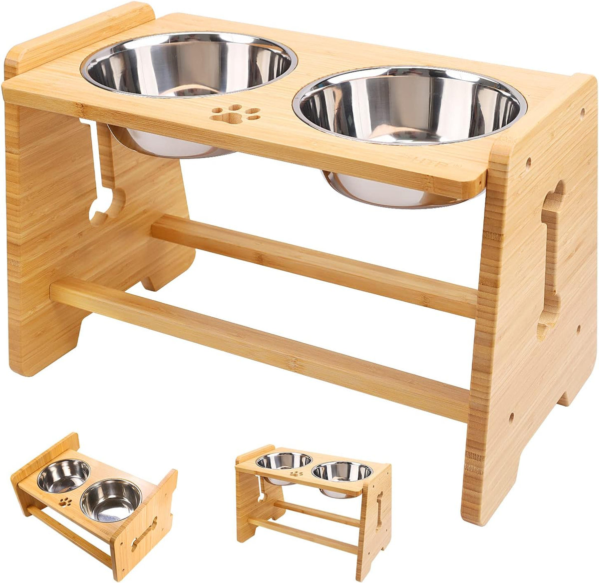 HTB Elevated Dog Bowls, Adjustable Pet Bowl Stand - 2 IN 1-Bamboo-6.5"or 11.8"H