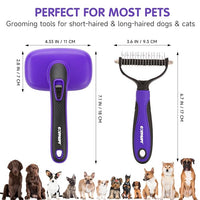 Dog Brush Kit – 3 PCS Grooming Set with Self-Cleaning Brush, Undercoat Rake & Pet Bath Brush. Great for Shedding, Tangles & Dirt Removal – Ideal for Long & Short Haired Dogs & Cats, Purple