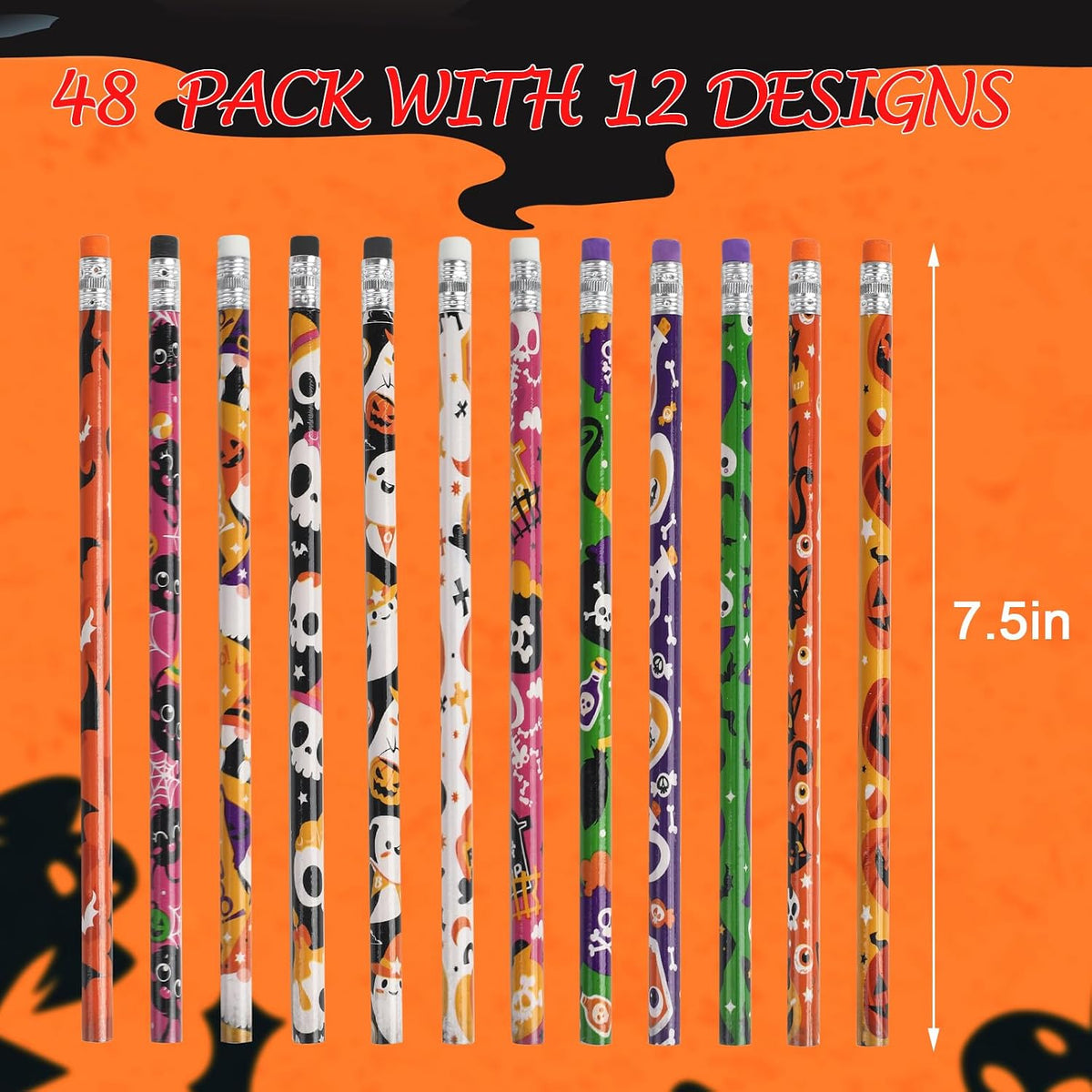 DIYASY Halloween pencils for kids, 48 wooden pencils in 12 designs with colored erasers - view 5