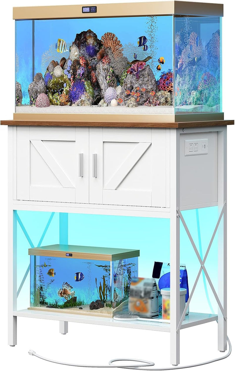 HOOBRO 20 Gallon Fish Tank Stand with Power Outlets and LED Light – Essentials for Fish - White + Walnut