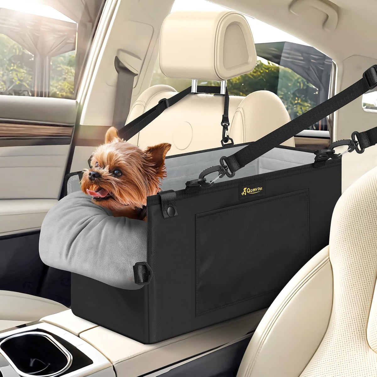 QUMY Middle Center Console Dog Car Seats for Small Dogs Up to 11lbs - Black