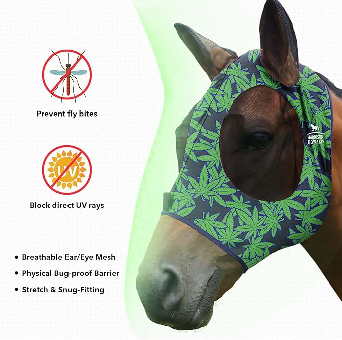 Harrison Howard Super Comfort Stretchy Fly Mask Large Eye Space with UV Protection Soft on Skin with Breathability Live Leaf M