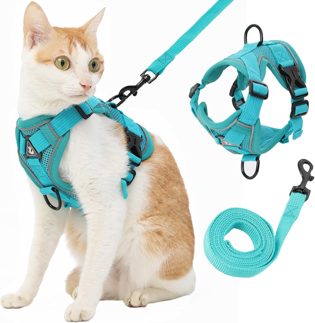 Cat Harness and Leash, Reflective Cat Harness Escape Proof for Walking, Adjustable Kitten Harness - Large / Turquoise