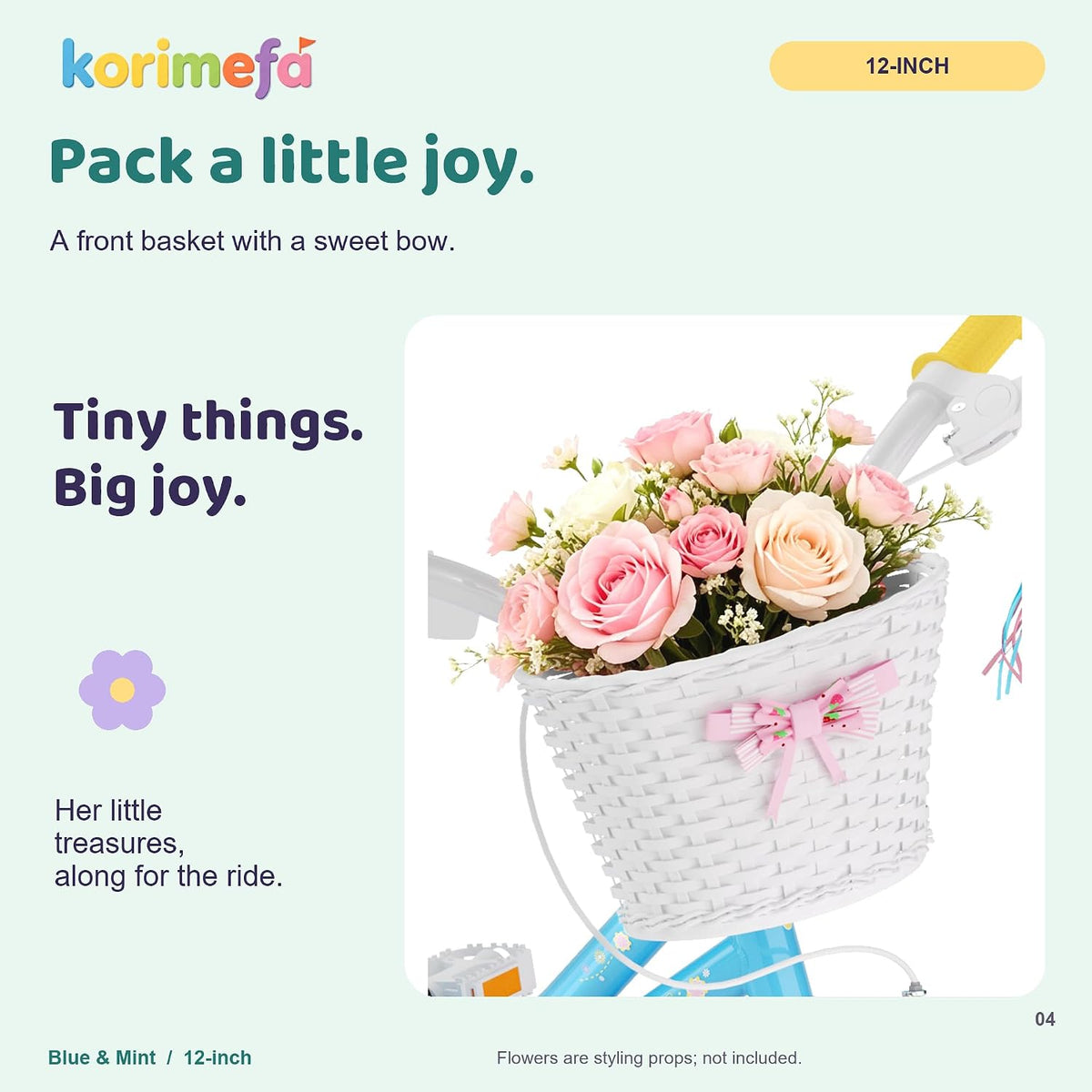 KORIMEFA girls bike with training wheels, basket and streamers in Rose Red - view 5