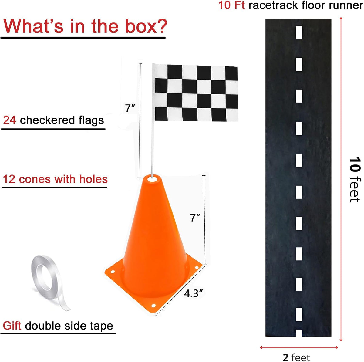 YOELVN race car party cones, six orange 7 inch traffic cones holding checkered flags - view 12