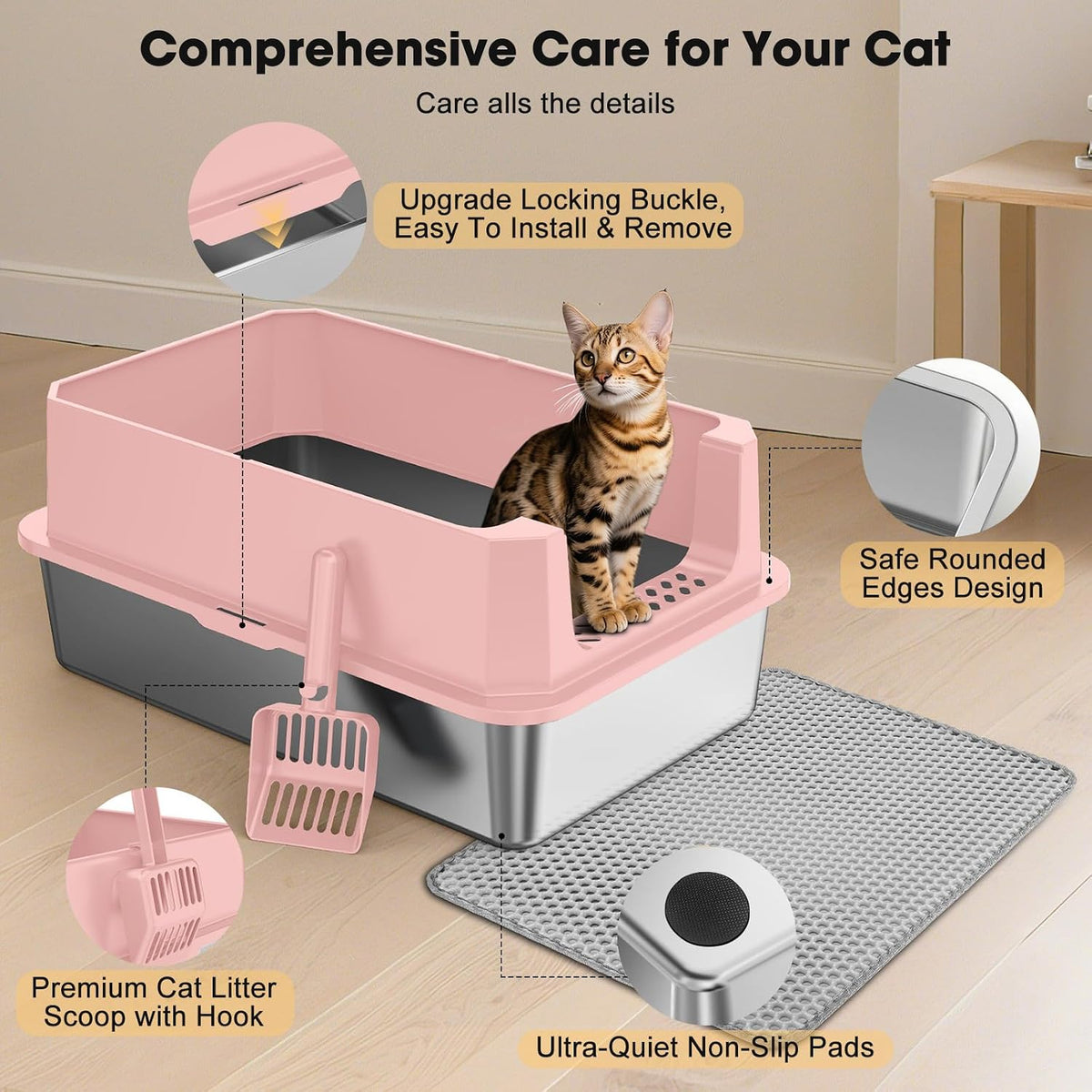 FURTIME Stainless Steel Cat Litter Box - Pink / Large - image 2
