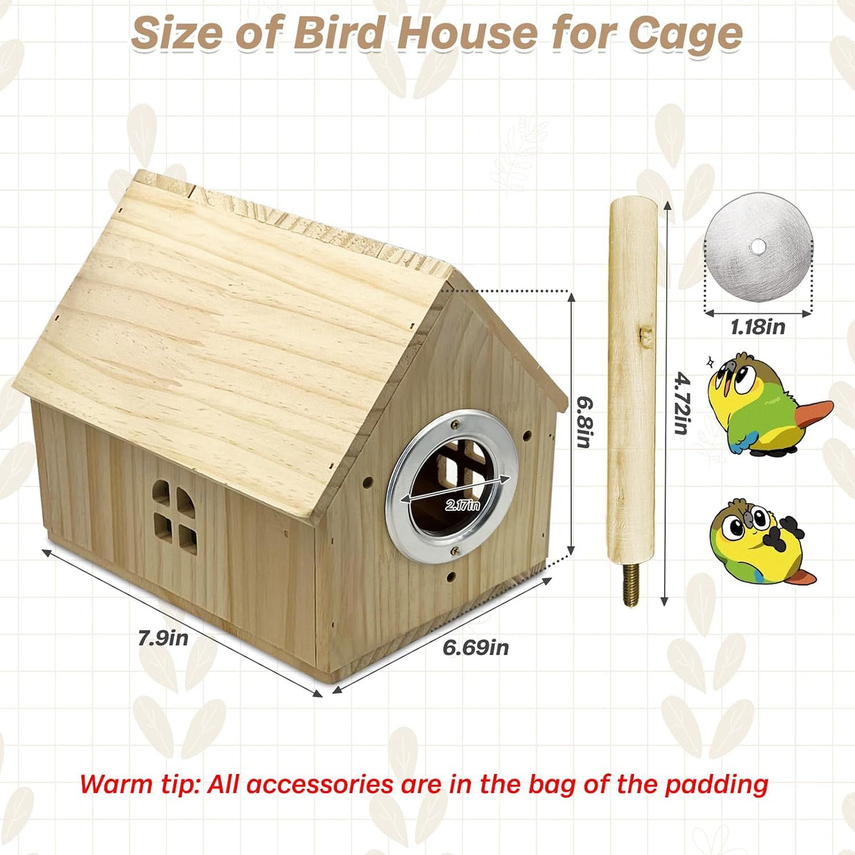 PINVNBY Parakeet Nesting Box Bird House for Cage Wood Mating Box Bird - Wood House Shape,L: 7.91*6.81*6.69 inch - image 2