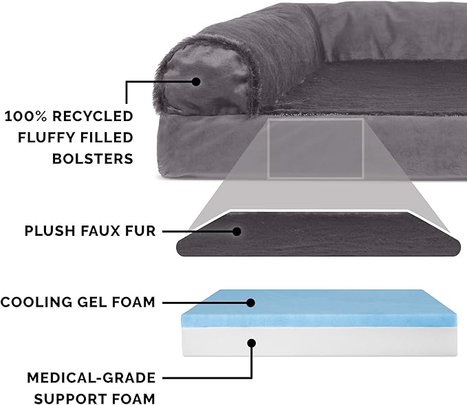 Furhaven Cooling Gel Dog Bed for Medium/Small Dogs w/ Removable Bolsters & Washable Cover, For Dogs Up to 35 lbs - Plush & Velvet L Shaped Chaise - Platinum Gray, Medium