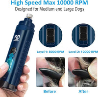 Casfuy Dog Nail Grinder with 2 LED Light - 4.8V Super Powerful 2-Speed Electric Pet Nail Trimmer for Medium Large Dogs Quiet Rechargeable Painless Paws Grooming & Smoothing Tool (Dark Blue)