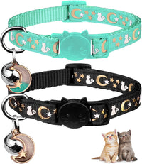 Baeuppit 2PCS Breakaway Cat Collars with Bell Moons Stars Cute Kitty - Neck 7.9-13.0 in / Black&Teal