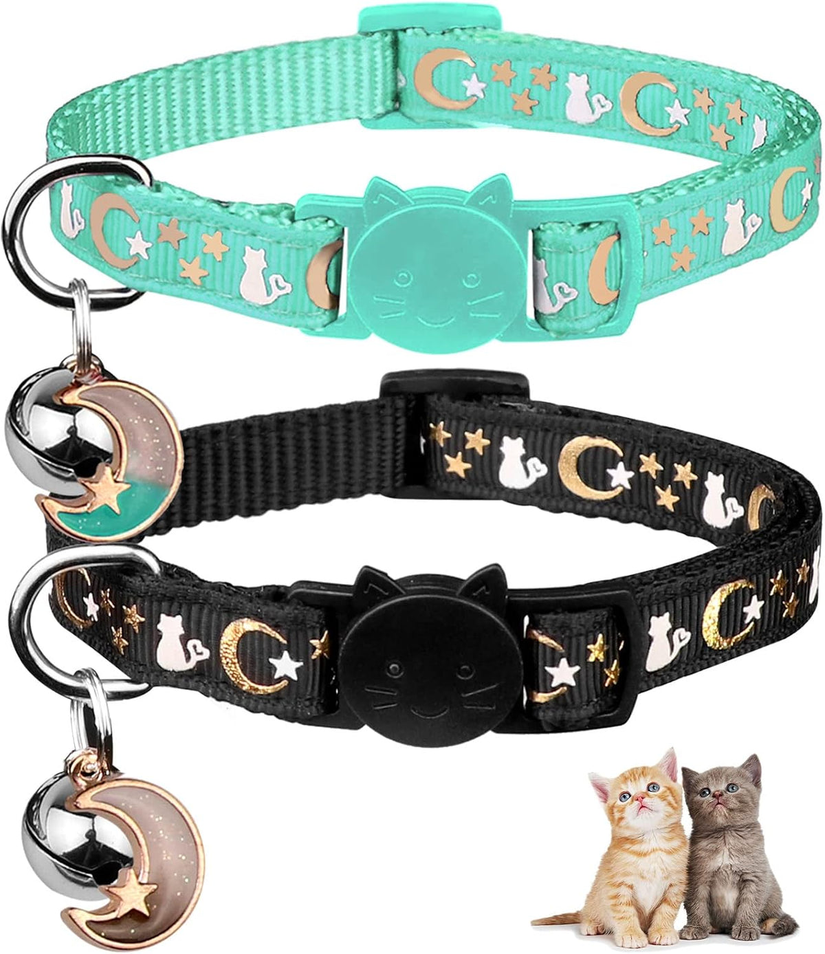 Baeuppit 2PCS Breakaway Cat Collars with Bell Moons Stars Cute Kitty - Neck 7.9-13.0 in / Black&Teal