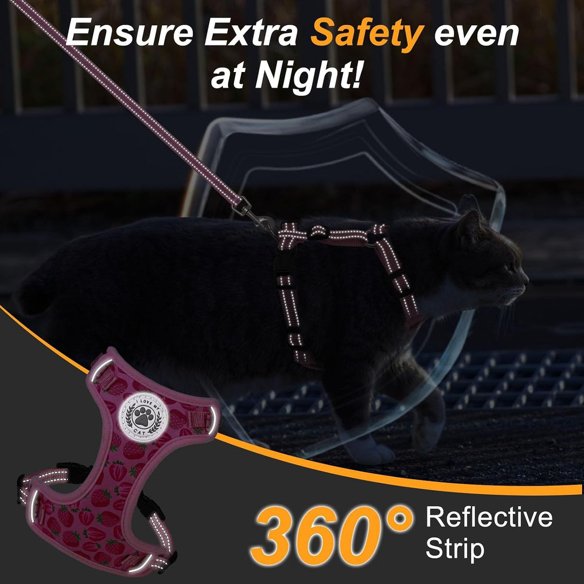 Cat Harness and Leash Set, Escape Proof and Adjustable - Strawberries Pink / M (Chest: 12 - 19") - image 3
