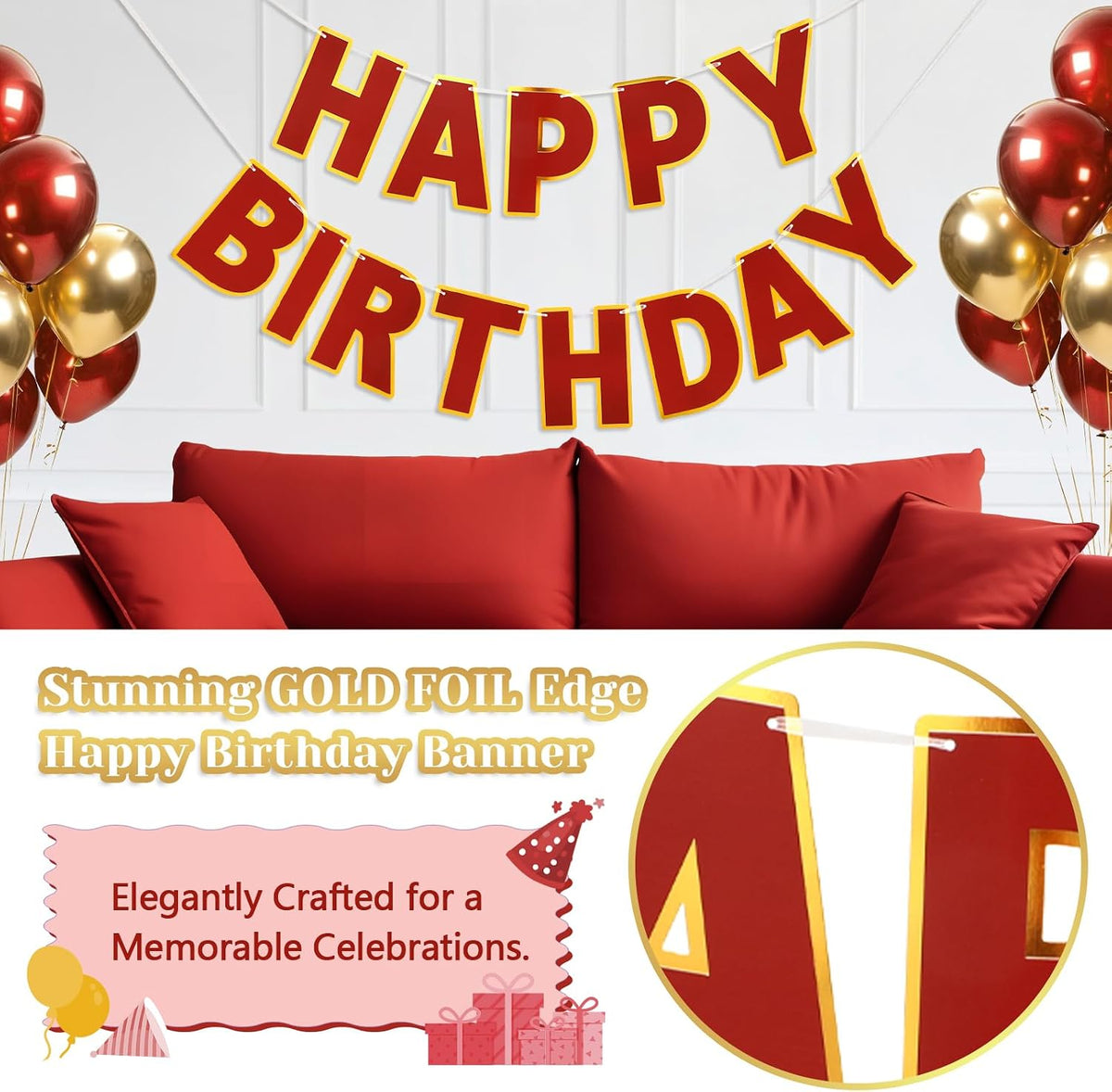 Pre-Strung Happy Birthday Banner - Wine Red - image 3