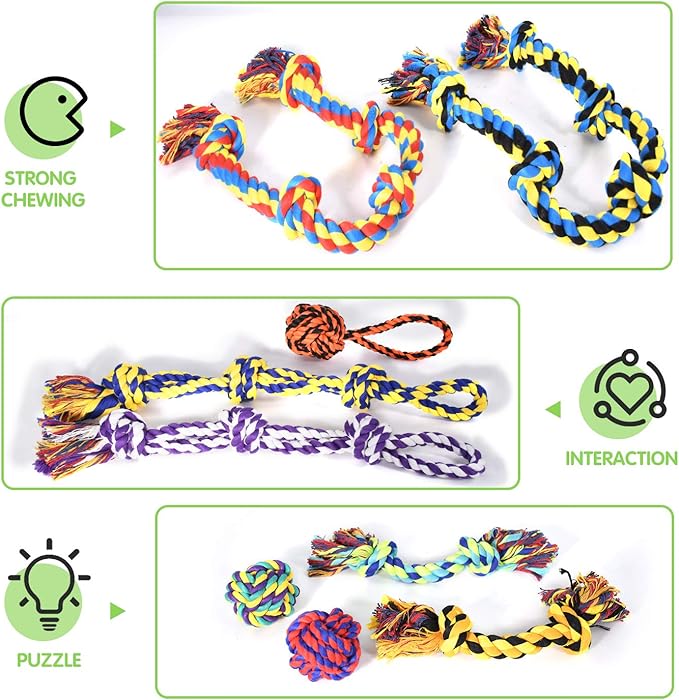 Large Tough Chew Toys for Aggressive Chewers Large Breed,Heavy Duty Dental Rope Toys Kit for Medium Dogs,5 Knots Indestructible Cotton Puppy Teething Chew Tug Toy Set of 9