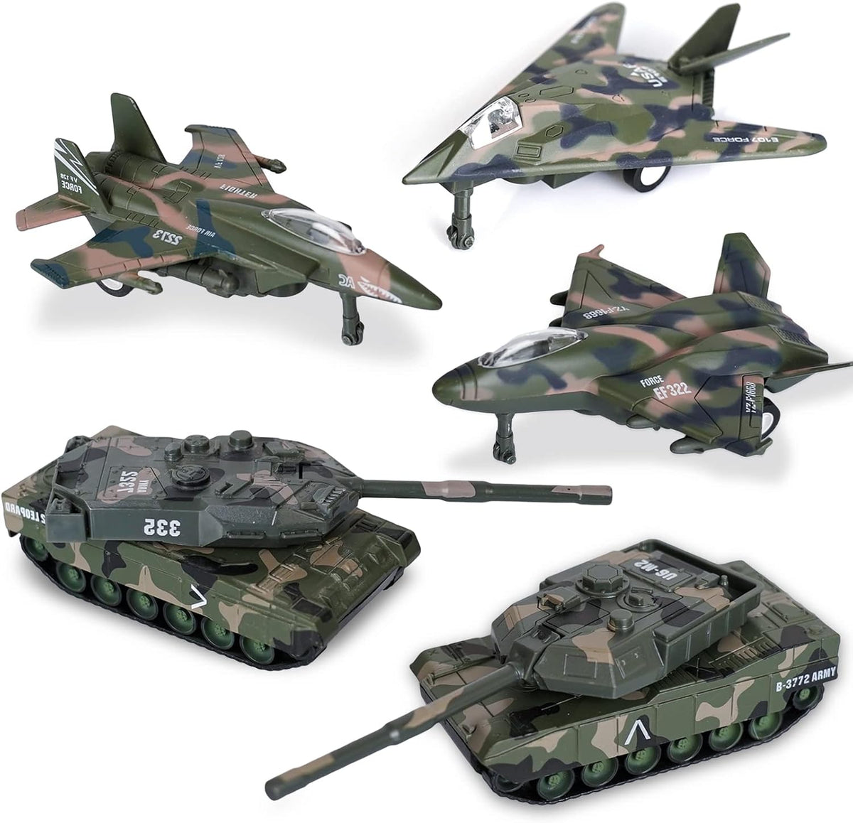 Crelloci 5 pack pull back army toys, three camo fighter jets and two tanks - view 2