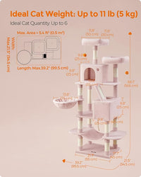 Feandrea Cat Tree, 66.1-Inch Large Cat Tower with 13 Scratching Posts, 2 Perches, 2 Caves, Basket, Hammock, Pompoms, Multi-Level Plush Cat Condo for Indoor Cats, Jelly Pink UPCT165P01