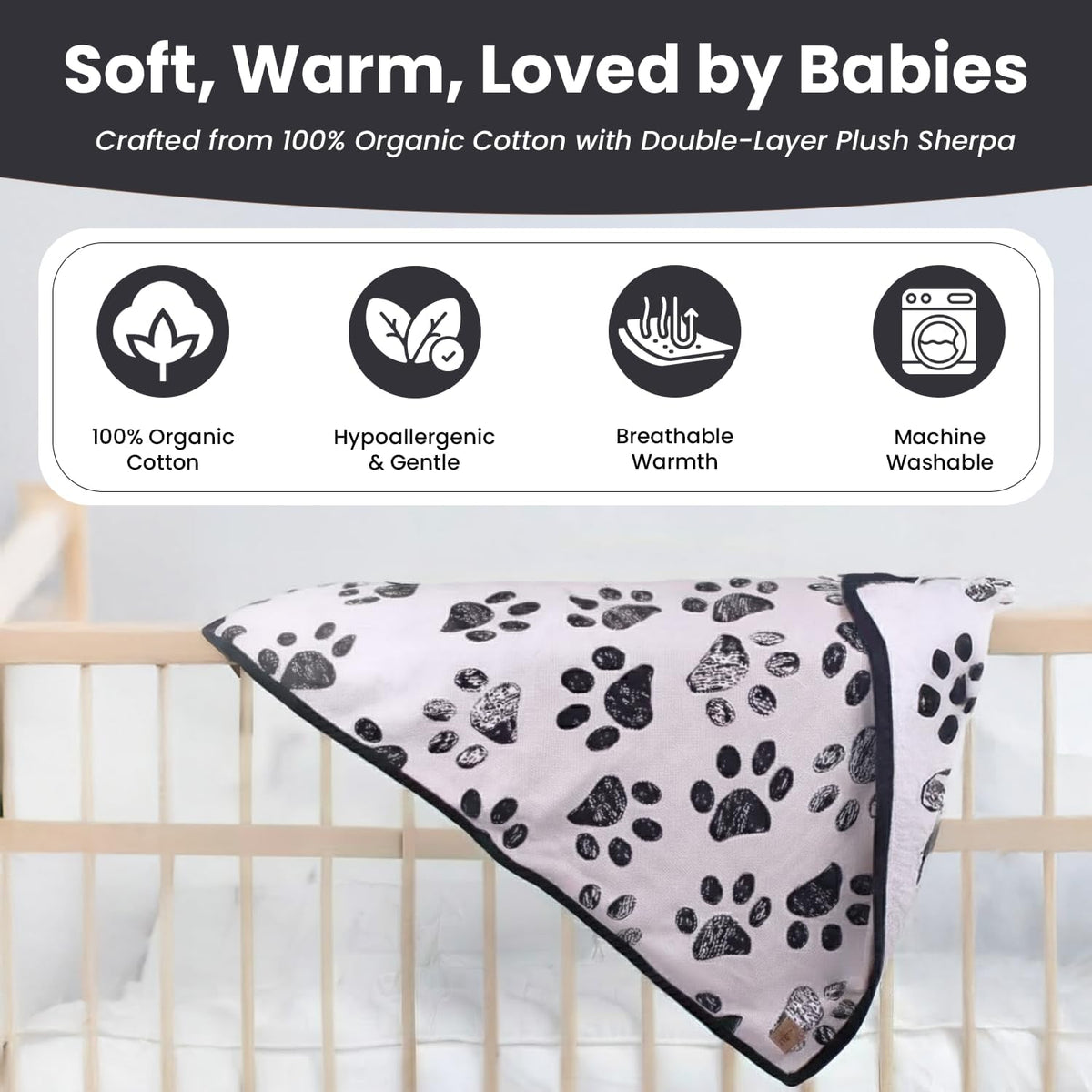 Small Pet Blanket, 100% Organic Cotton - Black Paw/ Beige - image 2