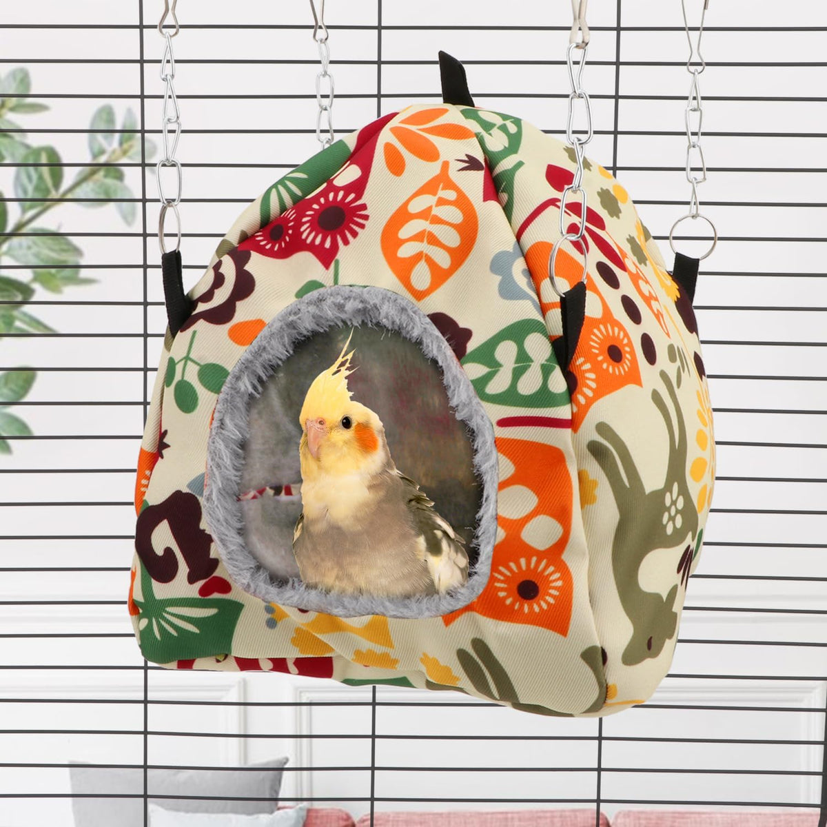 Wontee Bird Plush Hammock Parrot Hanging Snuggle Cave Happy Hut Tent - M / Beige Pattern - image 3