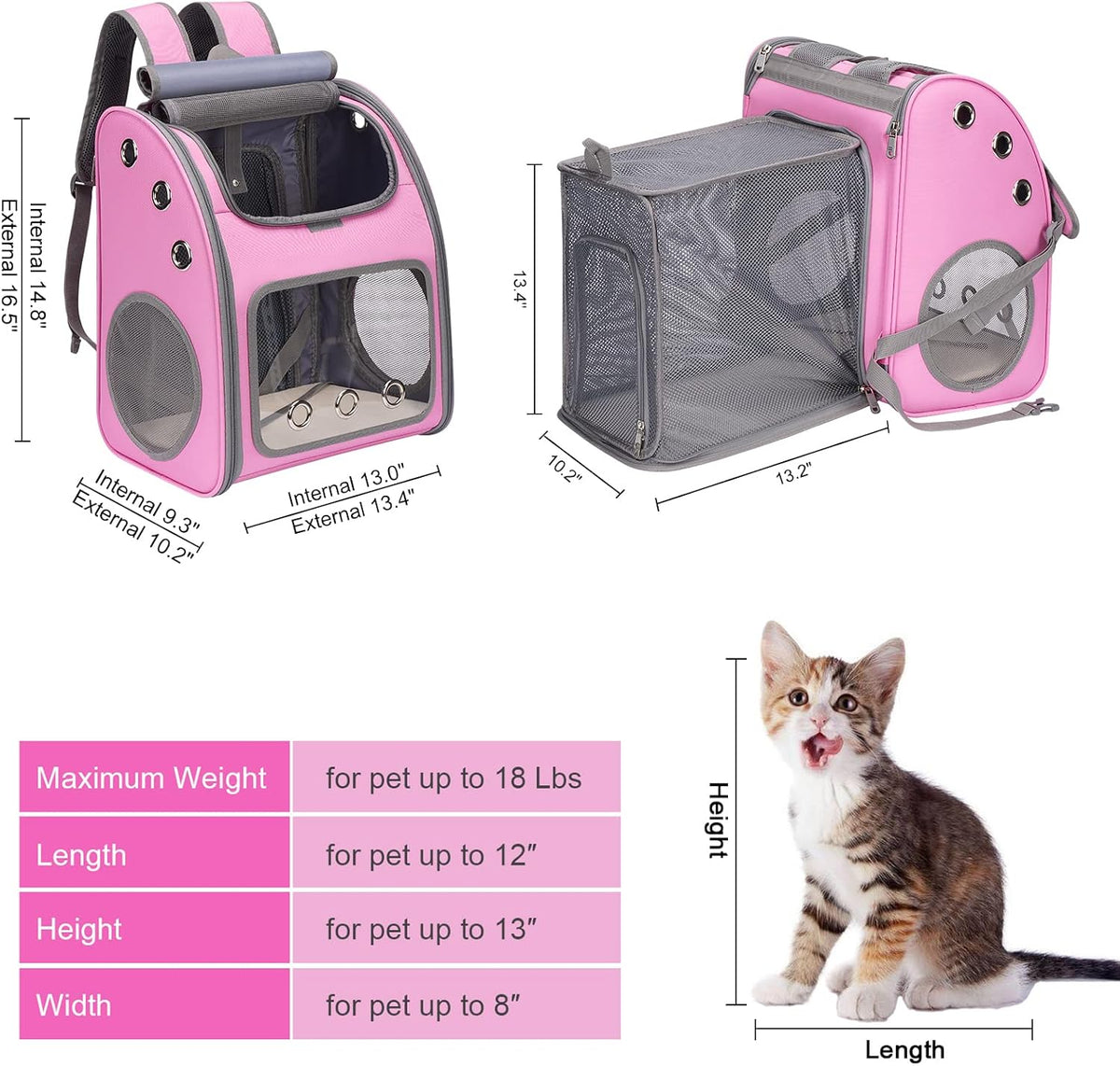 Expandable Cat Backpack Carrier for Small Cats/Dogs Airline Approved – Essentials for Dogs - Pink-Standard - image 2