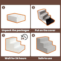 MEWANG Dog Stairs for Small & Medium Dogs and Old Cats –3/4/ 5 Steps High-Density Foam Pet Ramp for Bed & Couch, Non-Slip, Washable Cover, Grey (Square Corner, 4 Steps: 23.94''×18.27''×14.96'', 2)