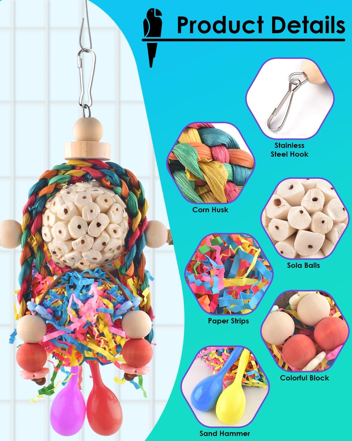 Bissap Conure Toys, 2PCS Bird Parrot Foraging Shredder Hanging Toys Sola Balls with Sand Hammer - 2 PCS - image 3