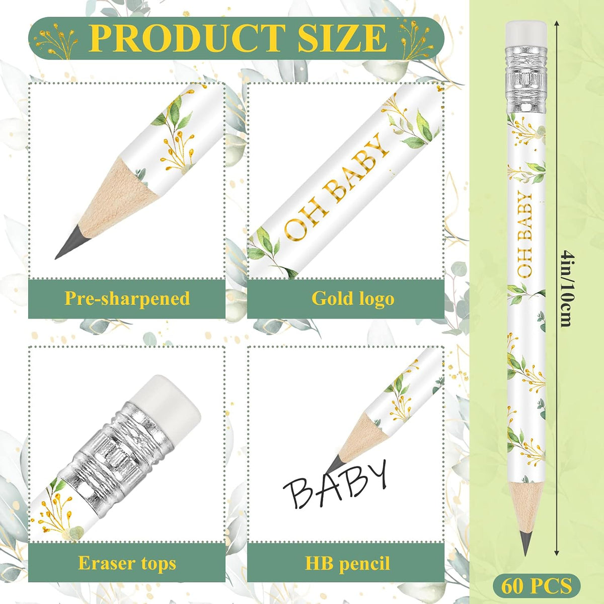 Tinlade 60 Pcs Baby Shower Pencils for Games, Mini Golf Pencil - Greenery - image 2