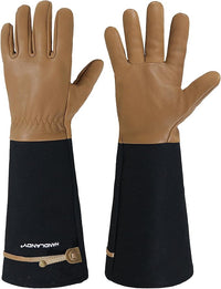 HANDLANDY Long Gardening Gloves for Men & Women, Cowhide Leather Rose Pruning Gloves, Breathable Thorn Proof Gauntlet Glove (Brown-Cowhide, L)