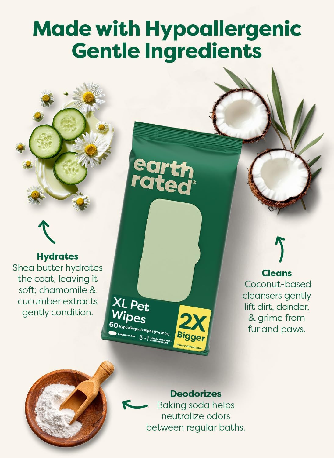 Earth Rated Dog Wipes for Paws & Butt, Deodorizing - Unscented / 60 XL Grooming Wipes - image 2