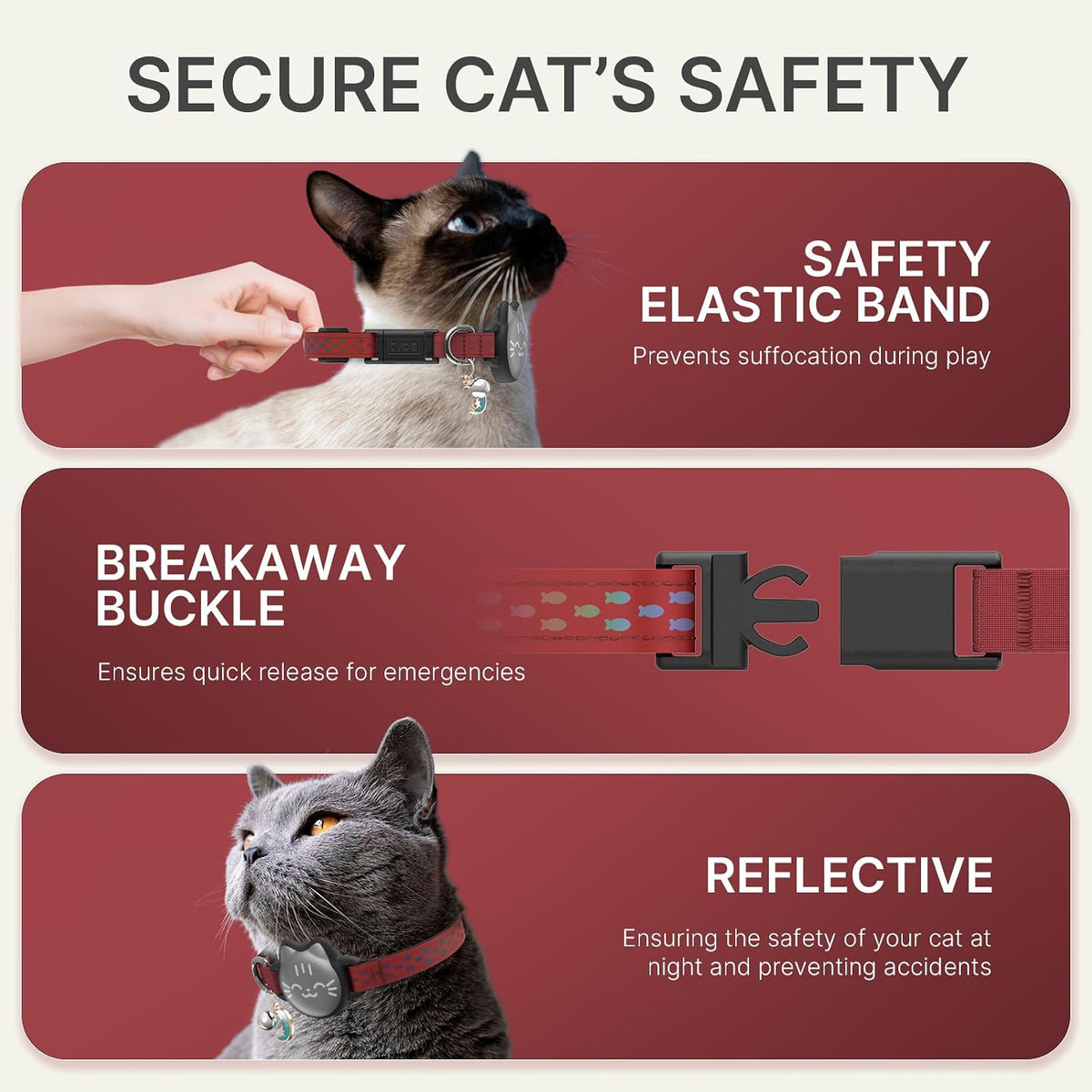 AirTag Cat Collar, Reflective Breakaway Collar - Red / Small(9-13inch) - image 3