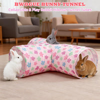 Bunny Tunnels & Tubes, 3-Way Collapsible Rabbit Hideout for Bunnies – Essentials for Small Pets - Pinkflower - image 2