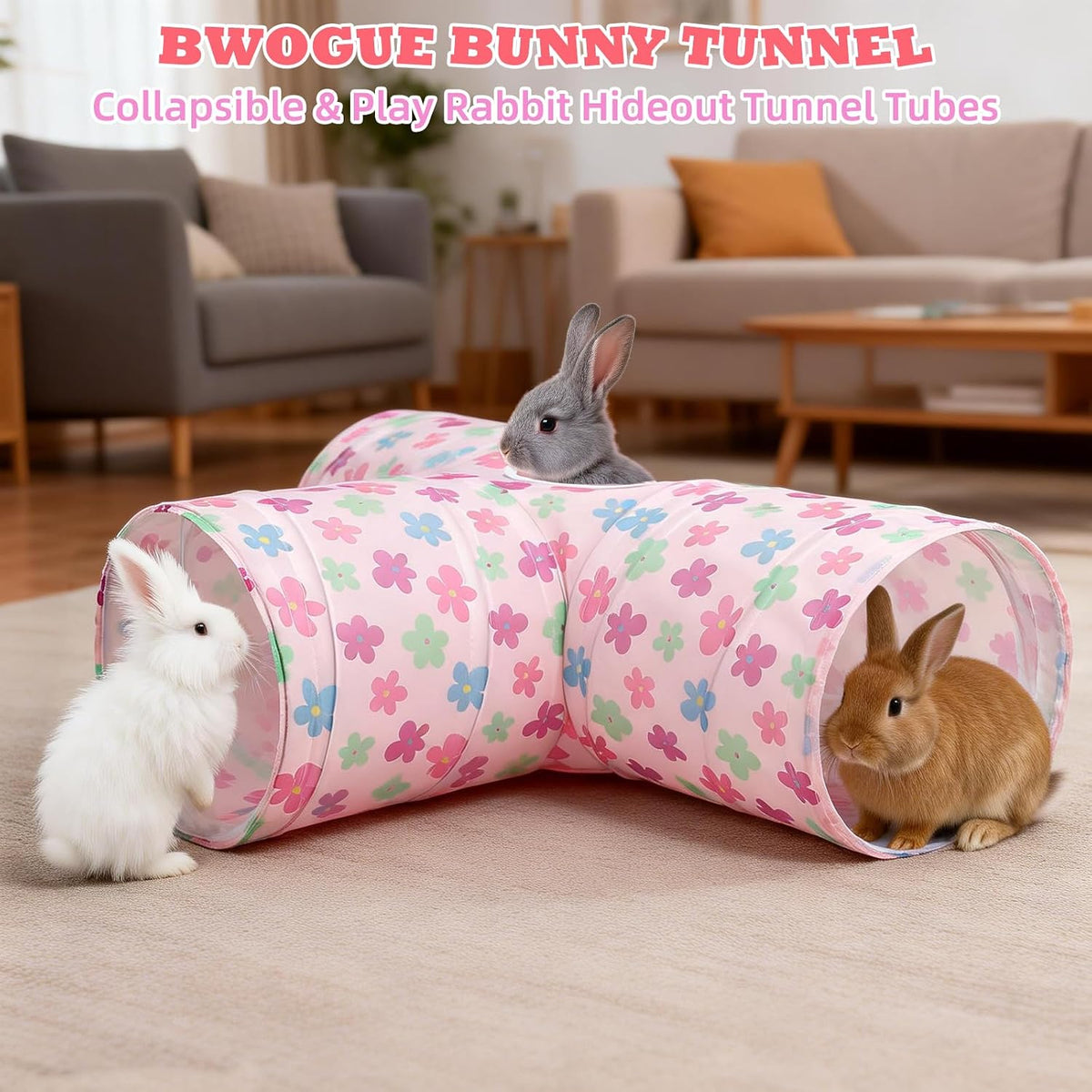 Bunny Tunnels & Tubes, 3-Way Collapsible Rabbit Hideout for Bunnies – Essentials for Small Pets - Pinkflower - image 2